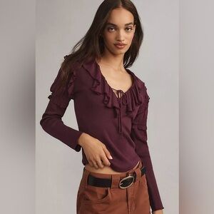 Anthropologie Long Sleeve Romantic Feminine Ruffle Top in Eggplant Purple Small